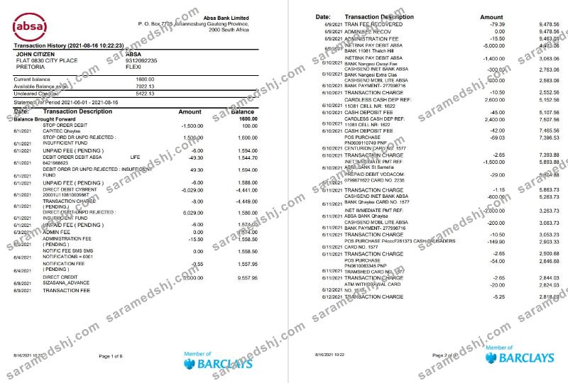 South Africa ABSA 9 pages excel pdf
